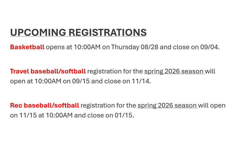 Upcoming Registrations