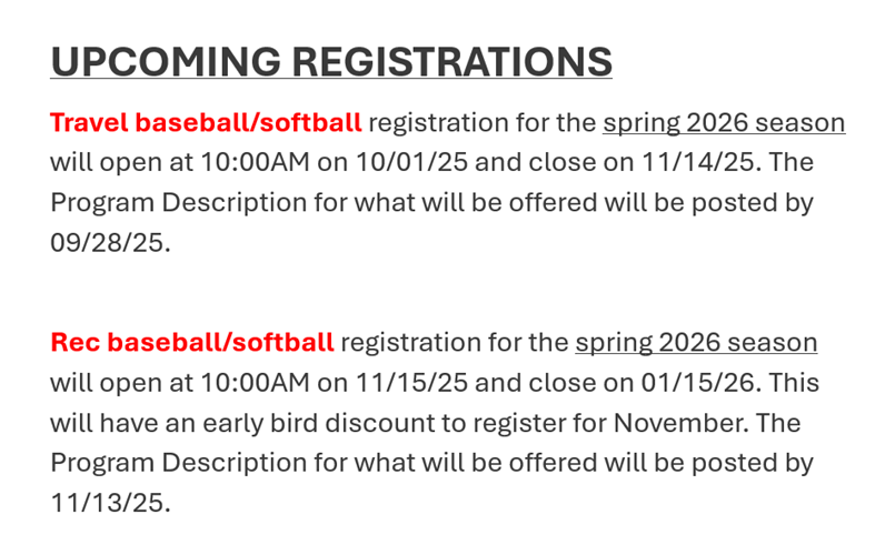 Upcoming Registrations